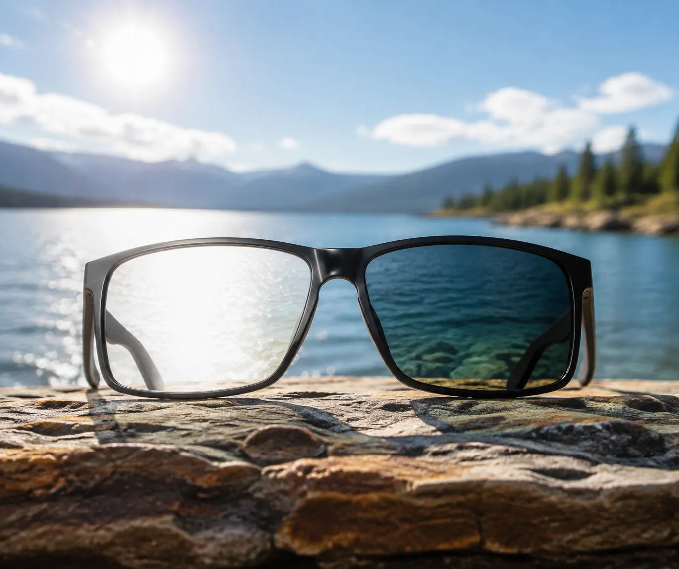 Visual comparison illustrating glare reduction through a polarized sunglass lens