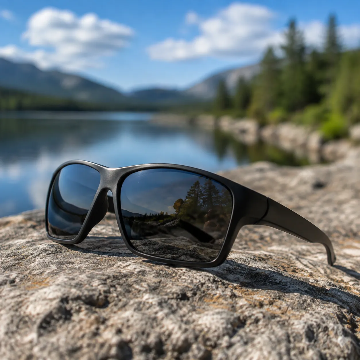 Black polarized sunglasses shown in an outdoor lakeside environment