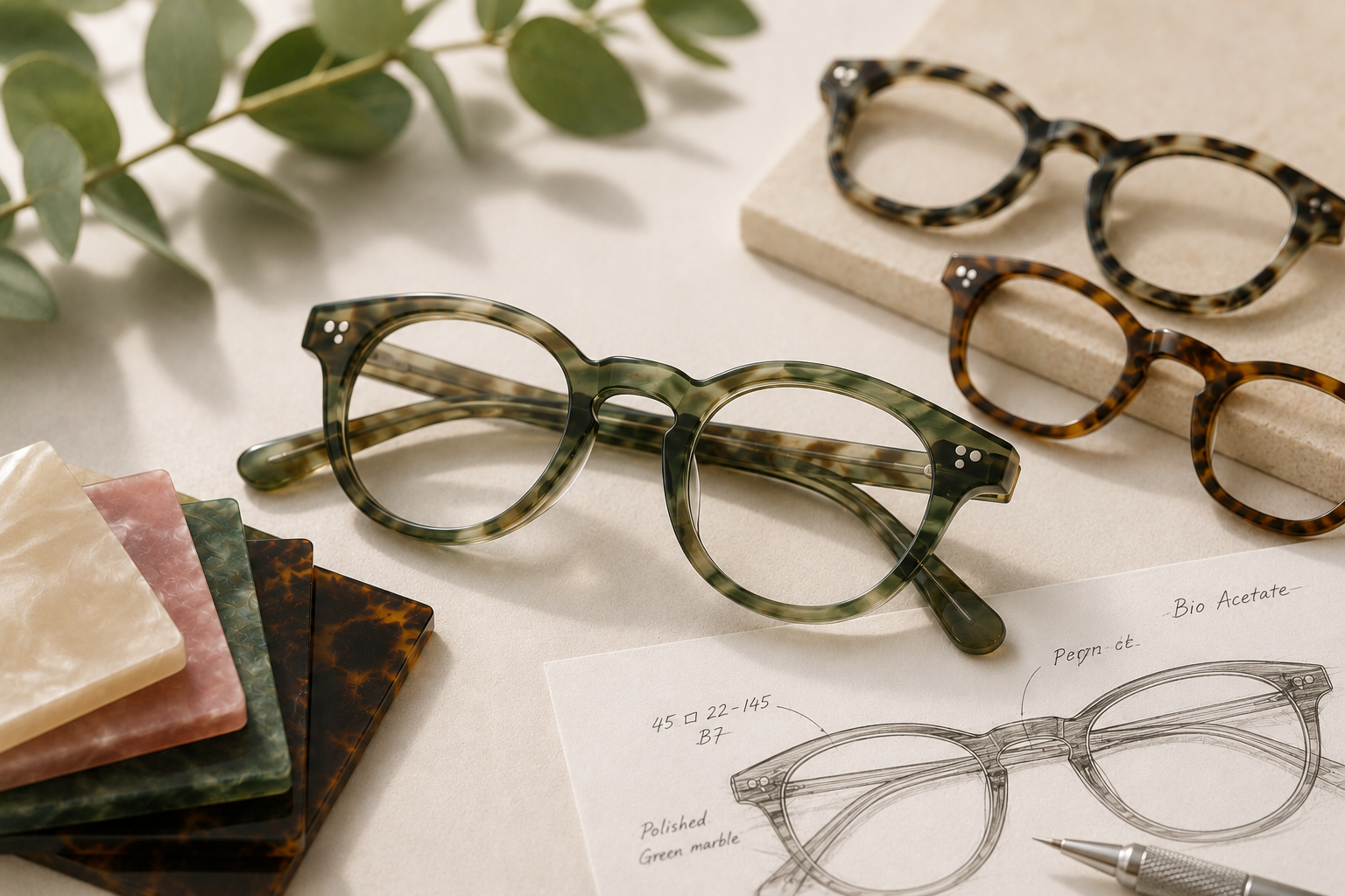 Bio acetate optical frame sample with material swatches and frame development drawing