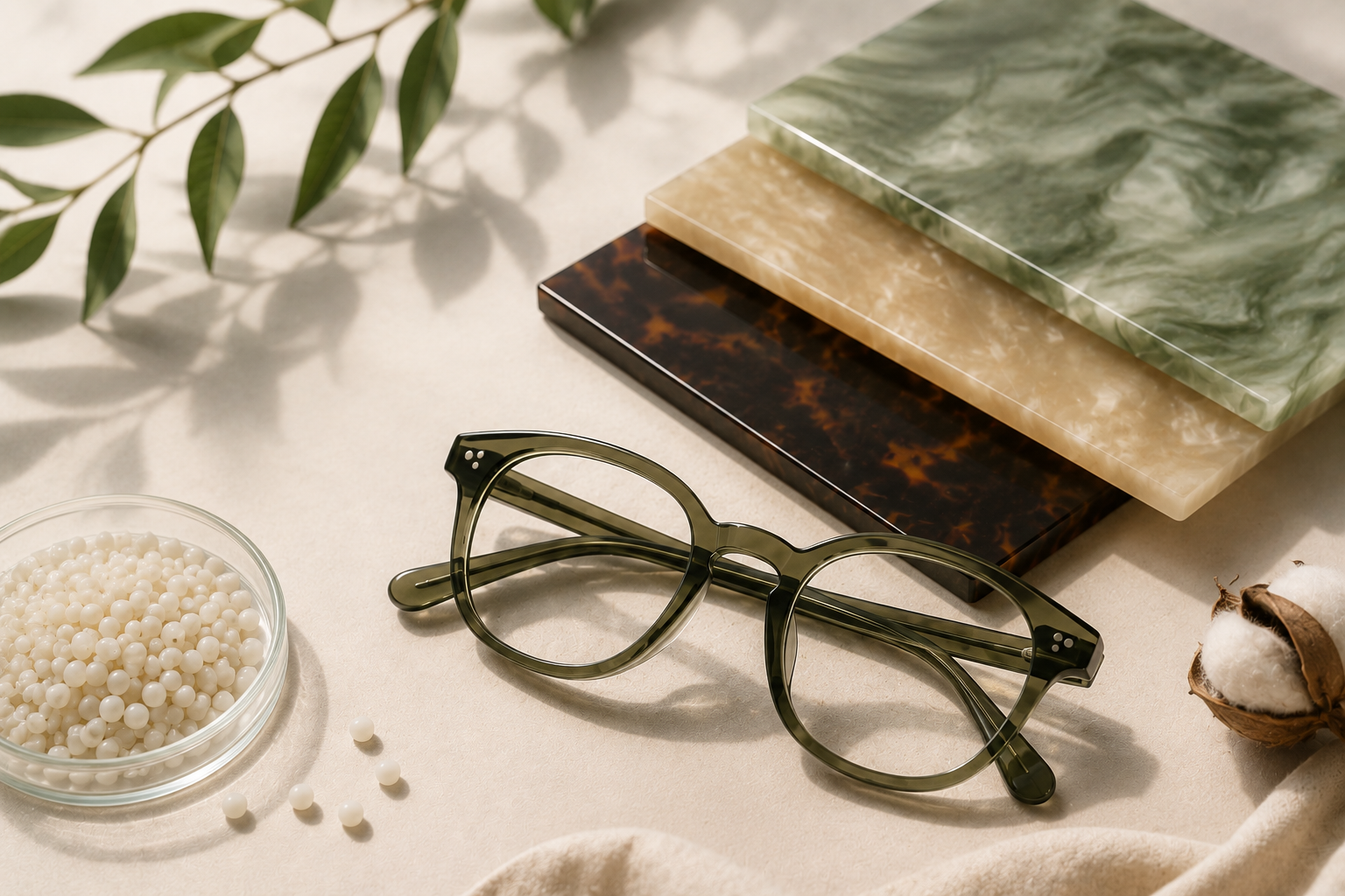 Bio acetate eyewear frame with acetate material sheets