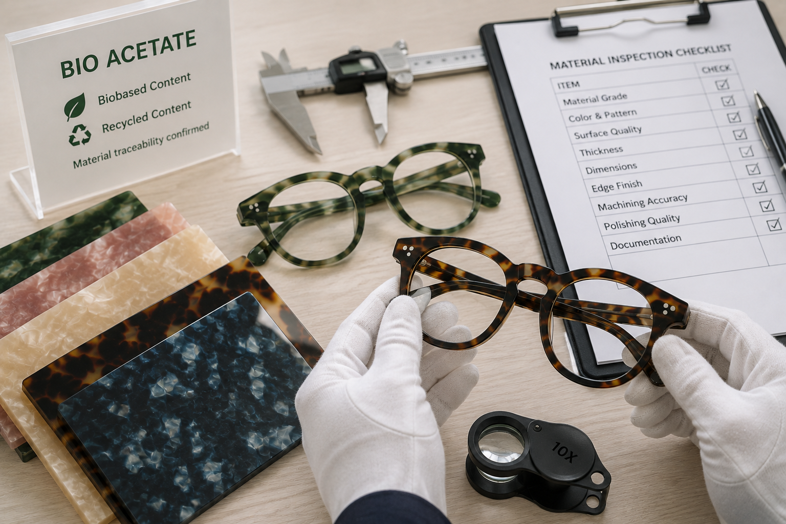 Bio acetate eyewear material and finished frame inspection