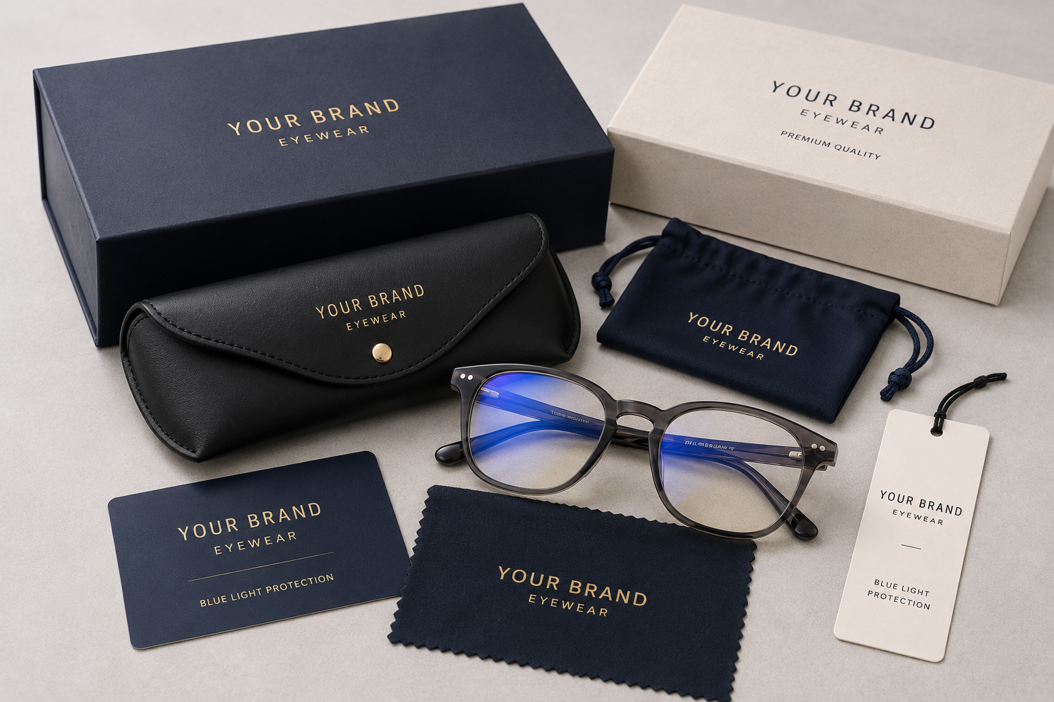 Private label blue light glasses with branded case box cloth and packaging