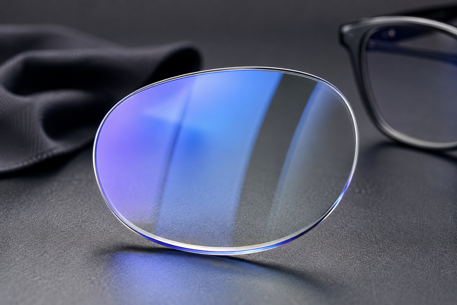 Close up of blue light glasses lens coating and reflection