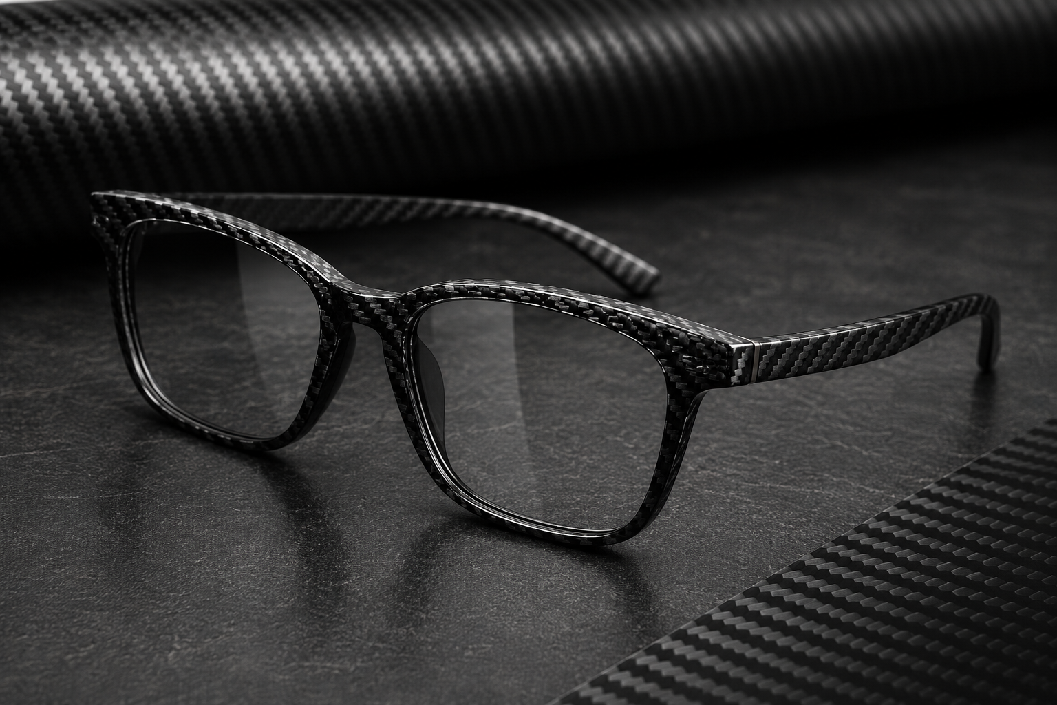 Carbon fiber optical eyewear frame with visible woven carbon fiber structure