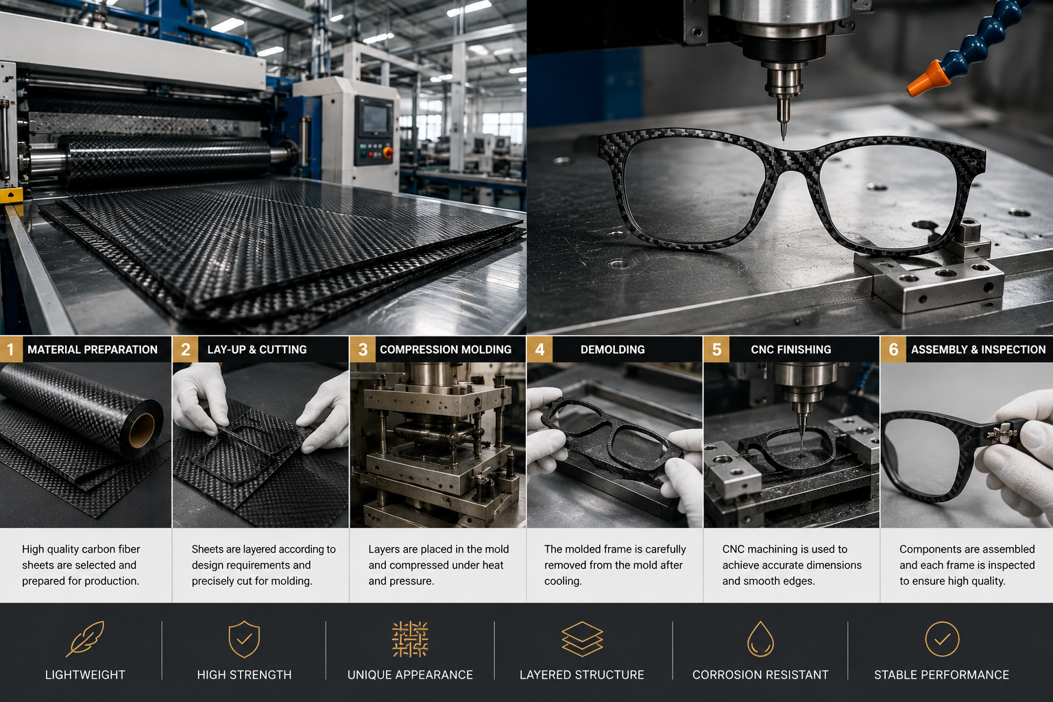 Carbon fiber eyewear frame production including material preparation, molding and CNC finishing