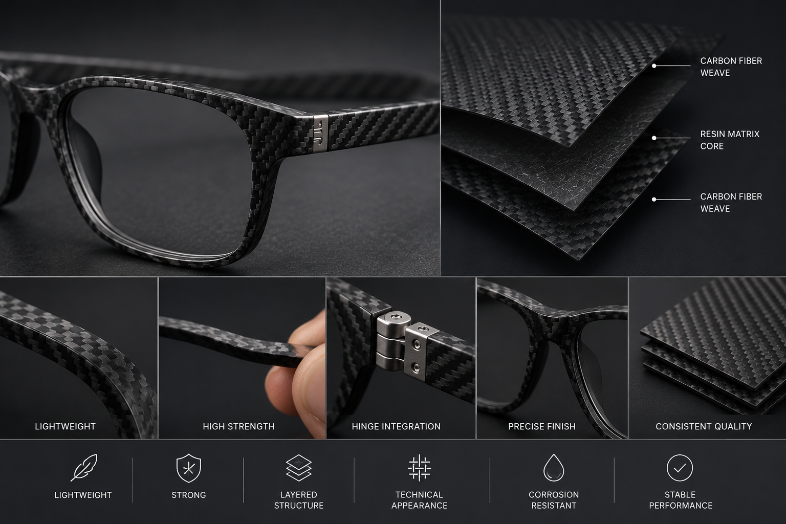 Carbon fiber eyewear material structure, weave, frame edge and hinge details