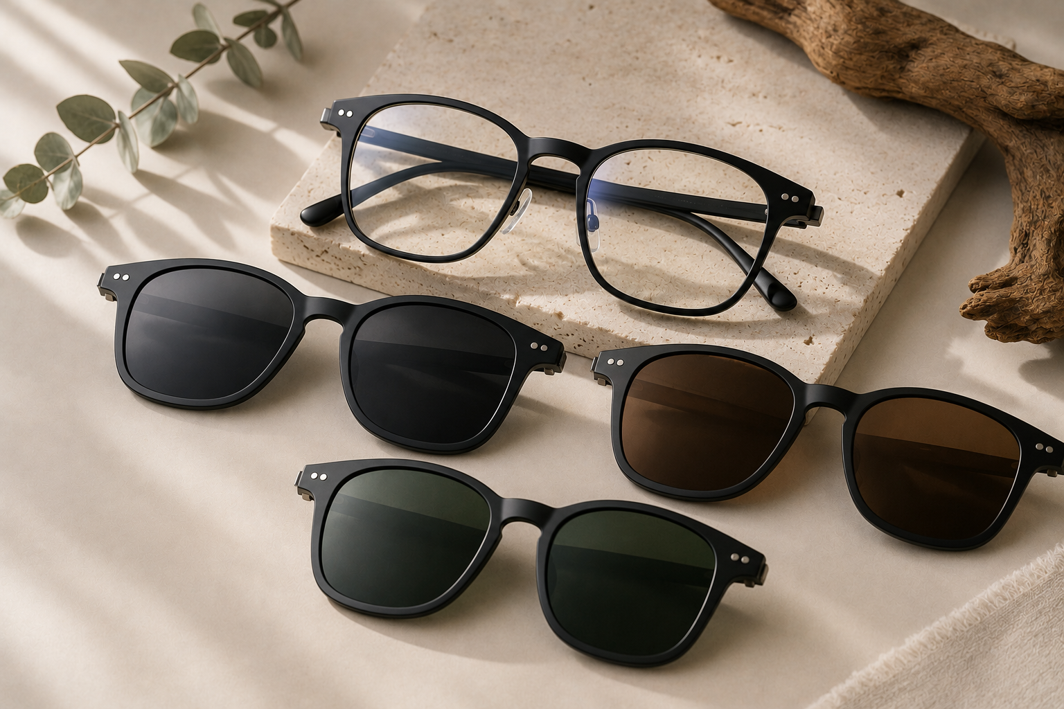 Custom clip-on glasses with removable black brown and green sunglass fronts