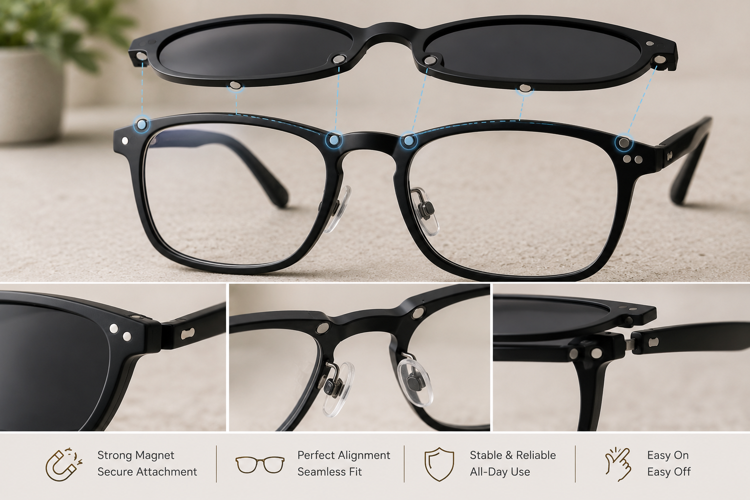 Magnetic clip-on glasses connection and alignment detail