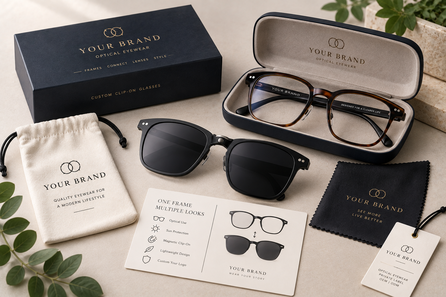 Private label clip-on glasses with custom eyewear case packaging pouch cloth and accessories
