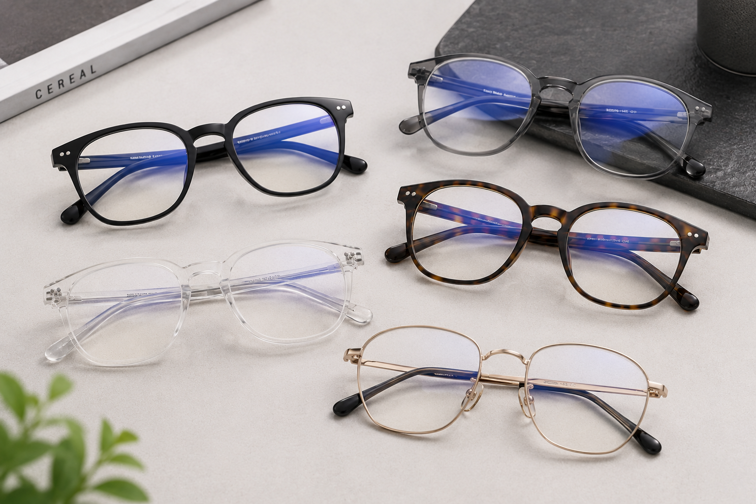 Custom blue light glasses in acetate metal and titanium frame styles