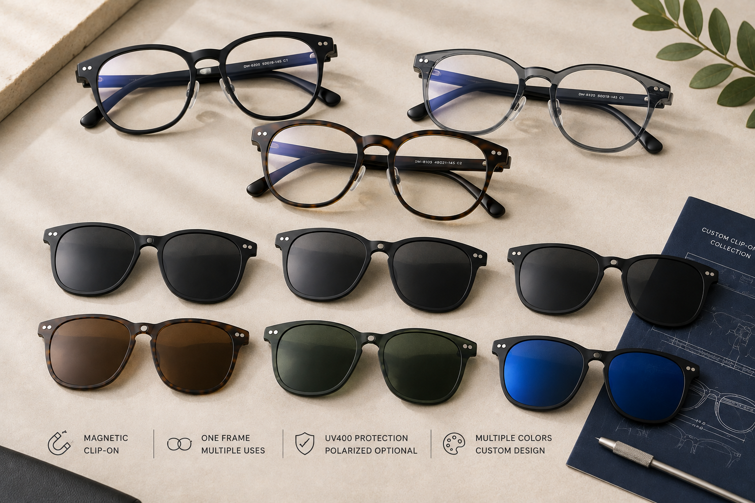 Custom clip-on glasses collection with several optical frames and colored sun clips