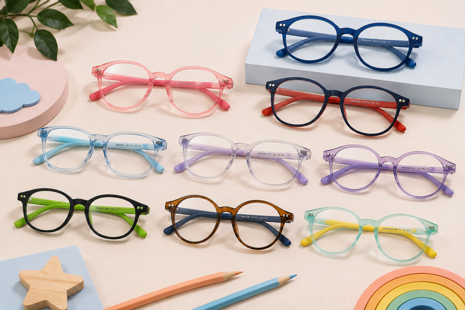 Custom kids eyewear collection with multiple colorful frame designs