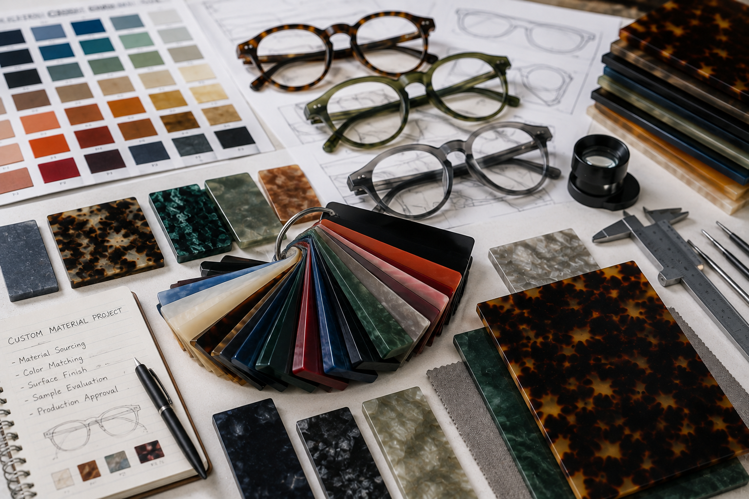 Custom eyewear acetate material color matching with color charts, sample sheets and frame references
