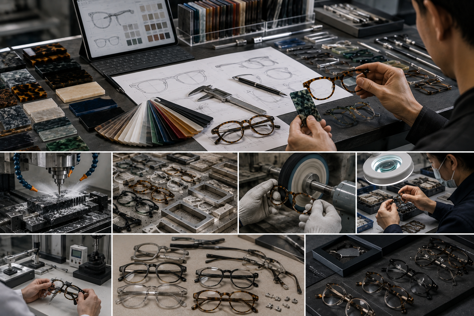 Custom eyewear material development from design and material selection to CNC machining polishing and final inspection