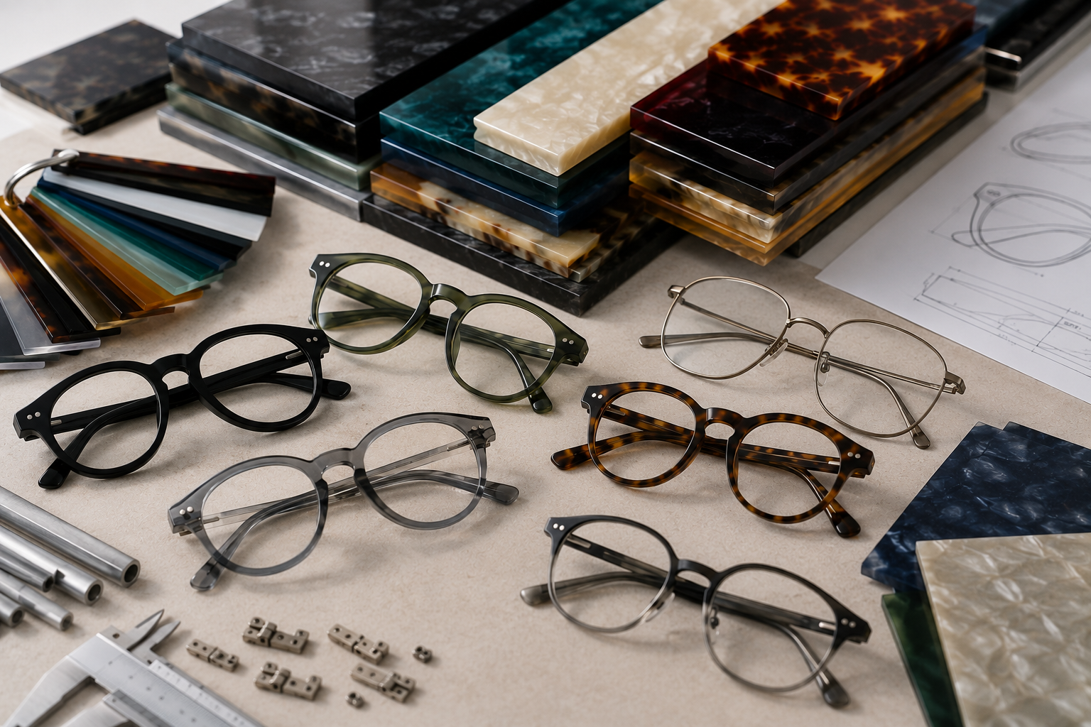 Custom eyewear materials including acetate sheets, metal components, hinges and multiple frame materials