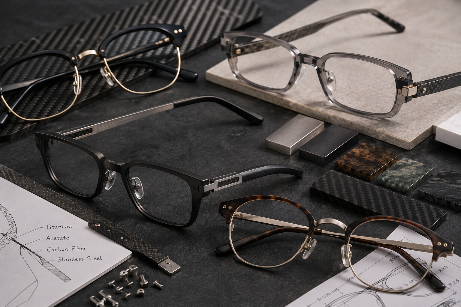Mixed-material custom eyewear combining acetate, titanium, stainless steel and carbon fiber components