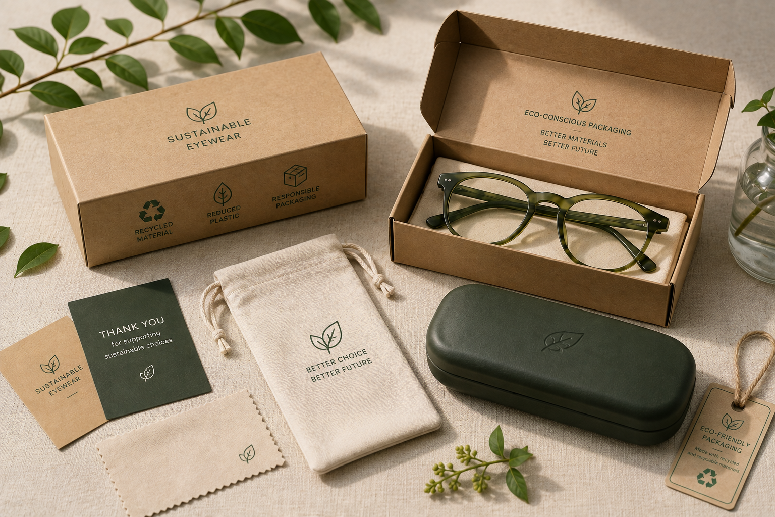 Eco-conscious eyewear packaging with paper box, eyewear case, cloth pouch and reduced-plastic packaging