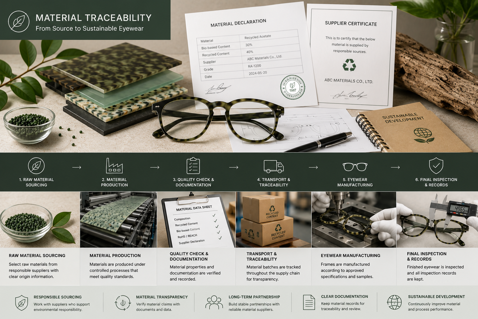 Eyewear material traceability from responsible sourcing and supplier documentation to production and final inspection