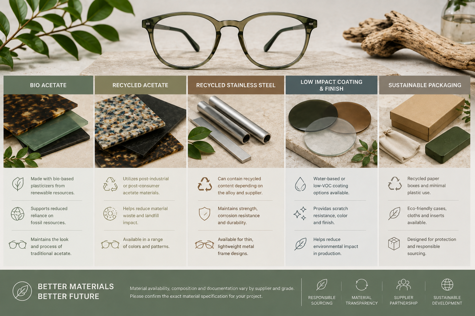 Comparison of bio acetate, recycled acetate, recycled stainless steel and eco-conscious eyewear packaging