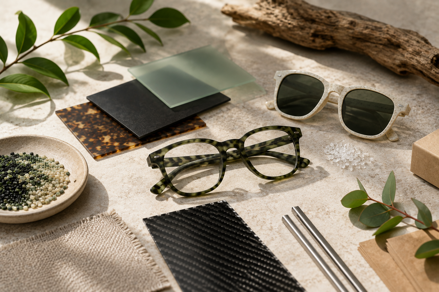 Eco-conscious eyewear materials including acetate, recycled material, metal and custom frames