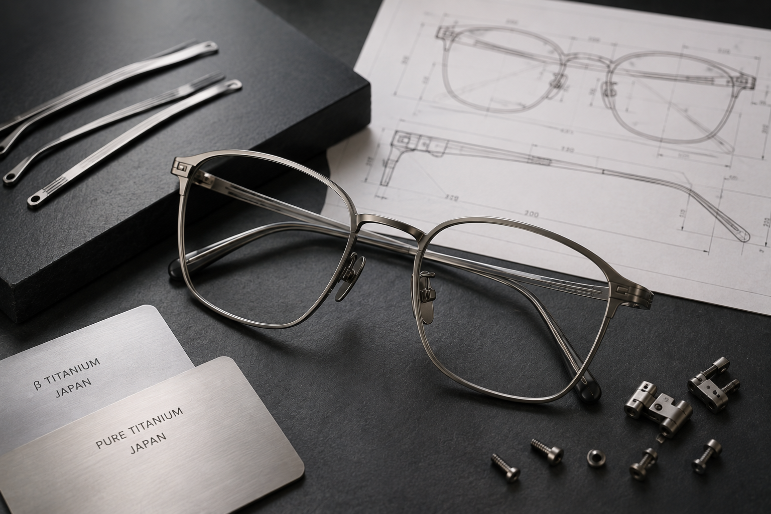 Japanese titanium eyewear frame detail with drawing and titanium components