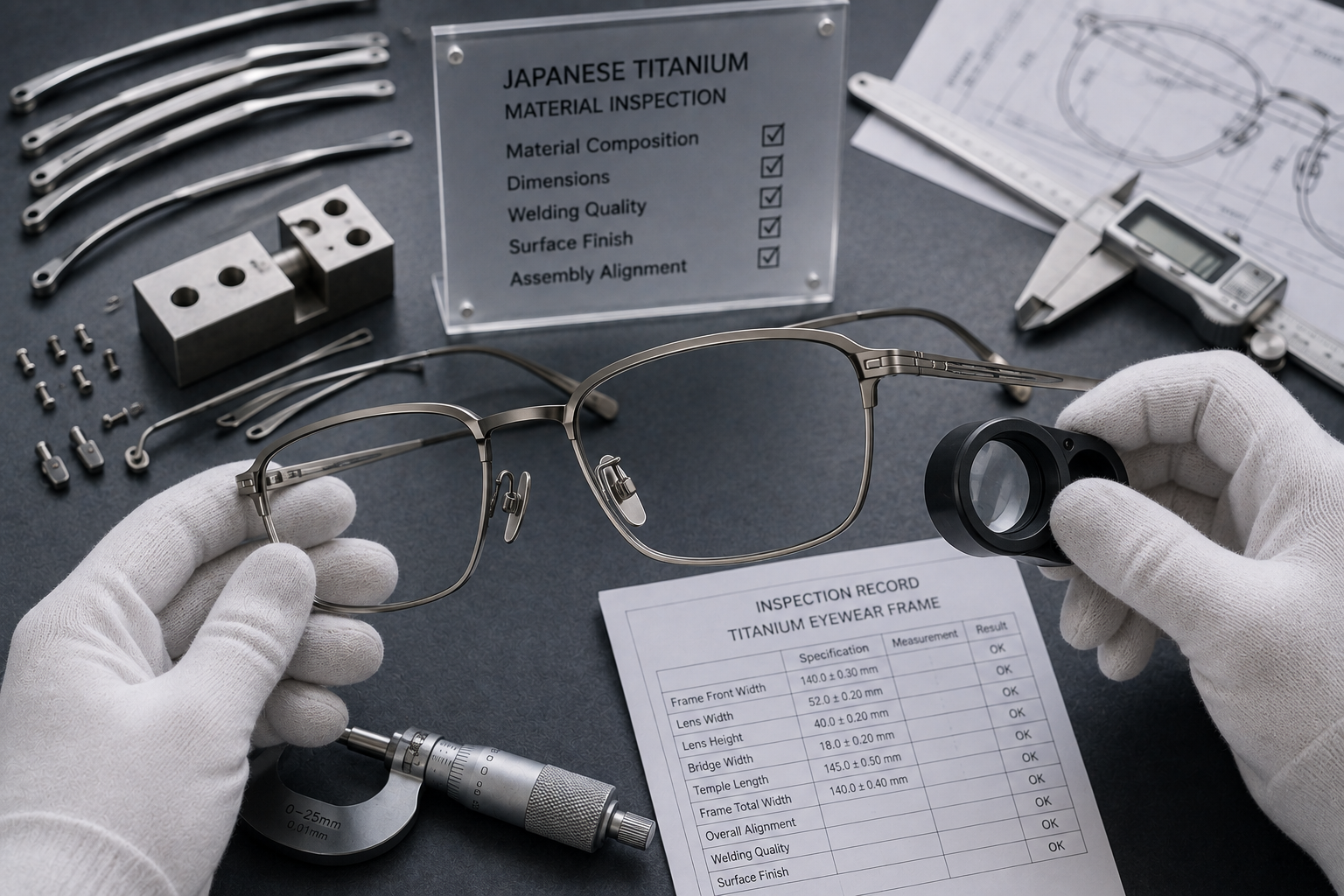 Japanese titanium eyewear material and finished frame inspection
