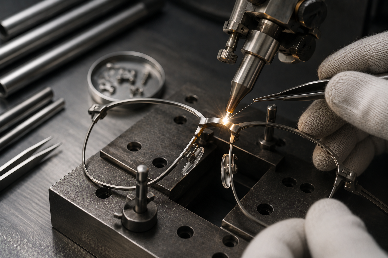 Precision welding of a Japanese titanium eyewear frame