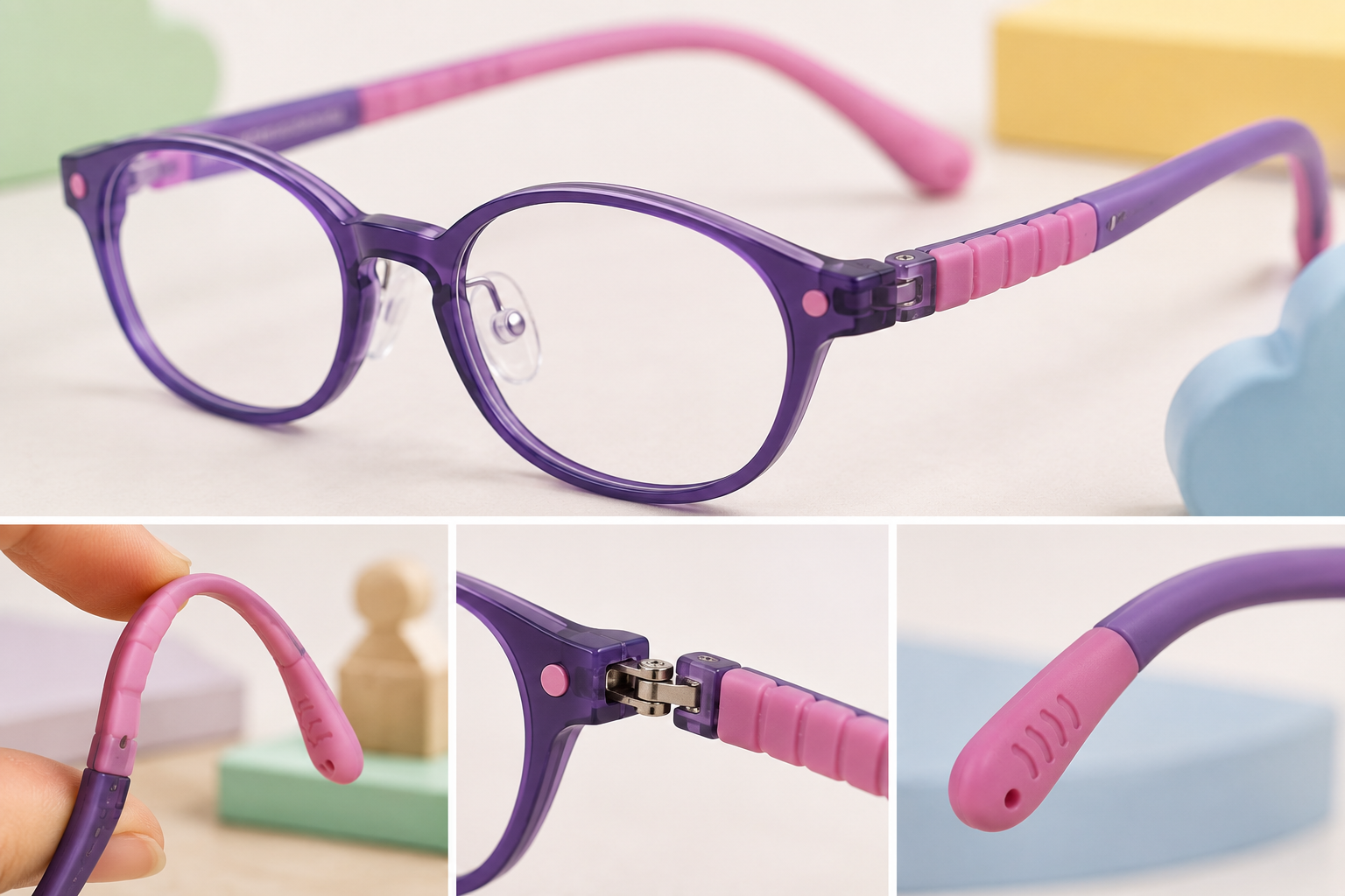 Flexible kids eyewear temple hinge frame and ear tip detail