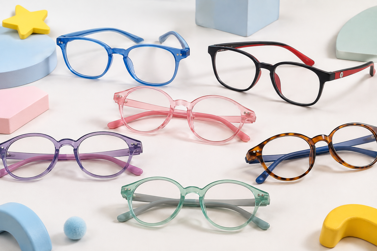 Custom kids eyewear collection in blue pink purple green tortoise and black frames