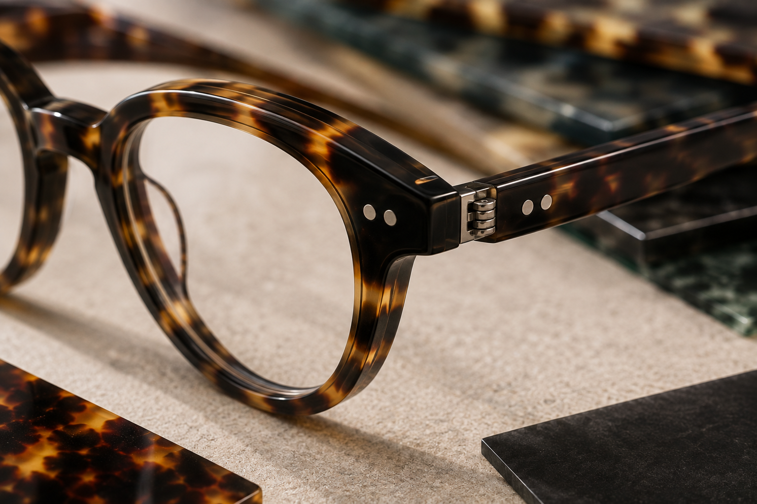 Close-up tortoiseshell acetate optical frame showing polished rim, hinge, rivets and temple construction