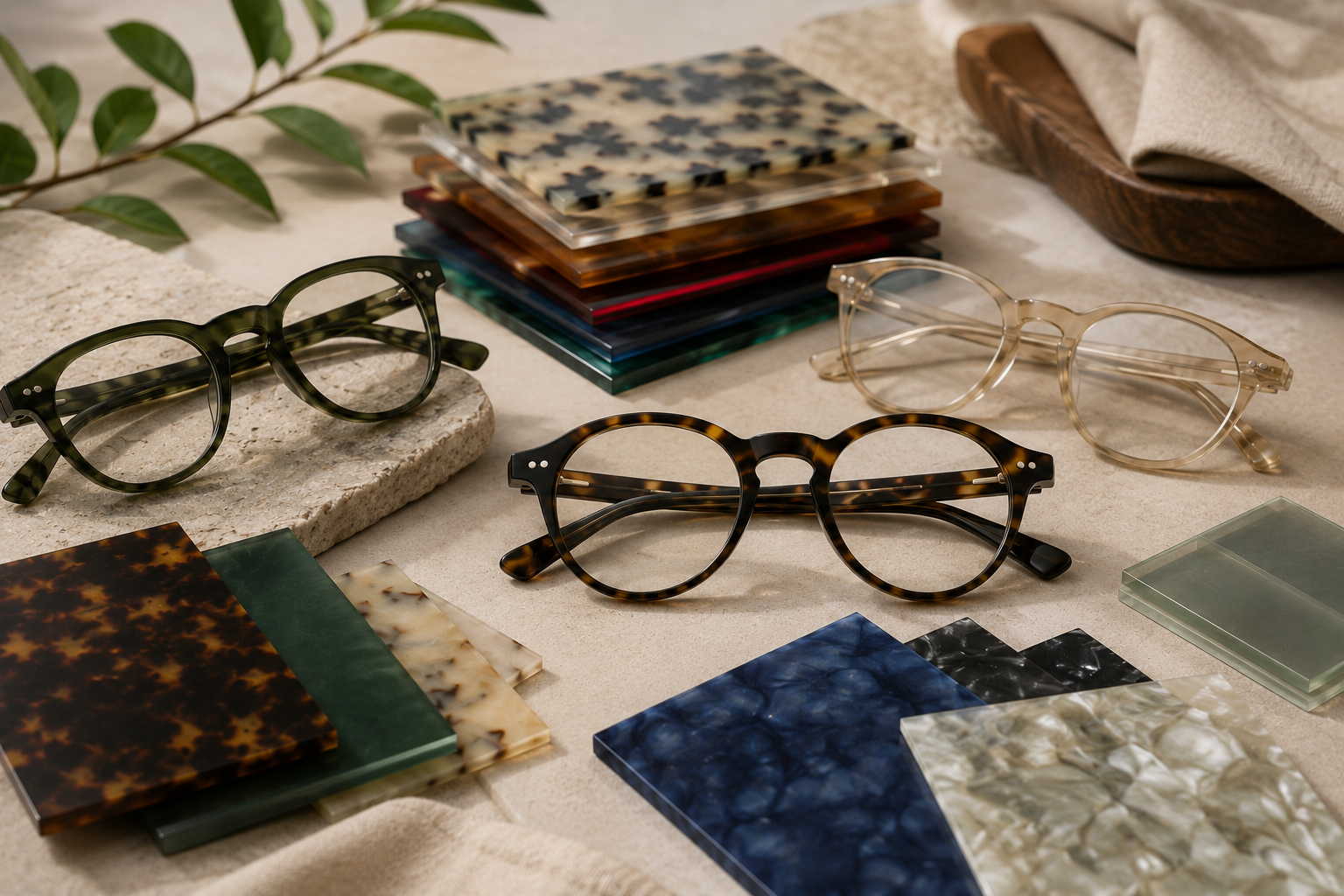 Mazzucchelli acetate eyewear frames with tortoiseshell, transparent and colored acetate sheets