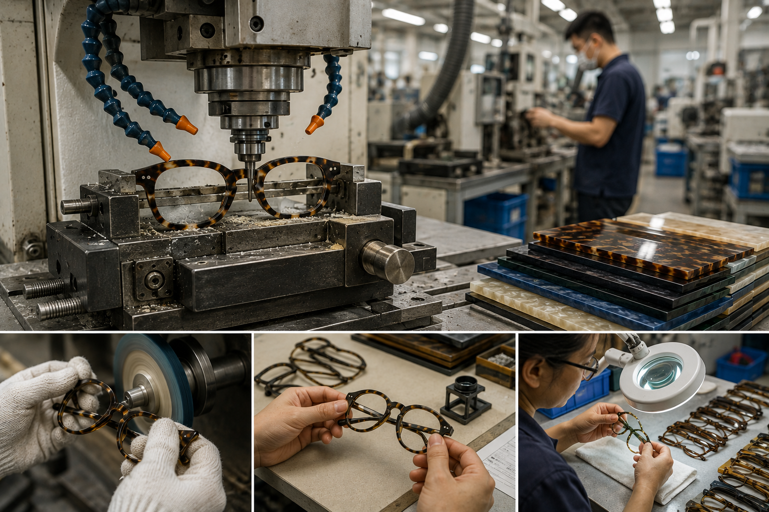 Acetate eyewear frame manufacturing with CNC machining, polishing, assembly and quality inspection