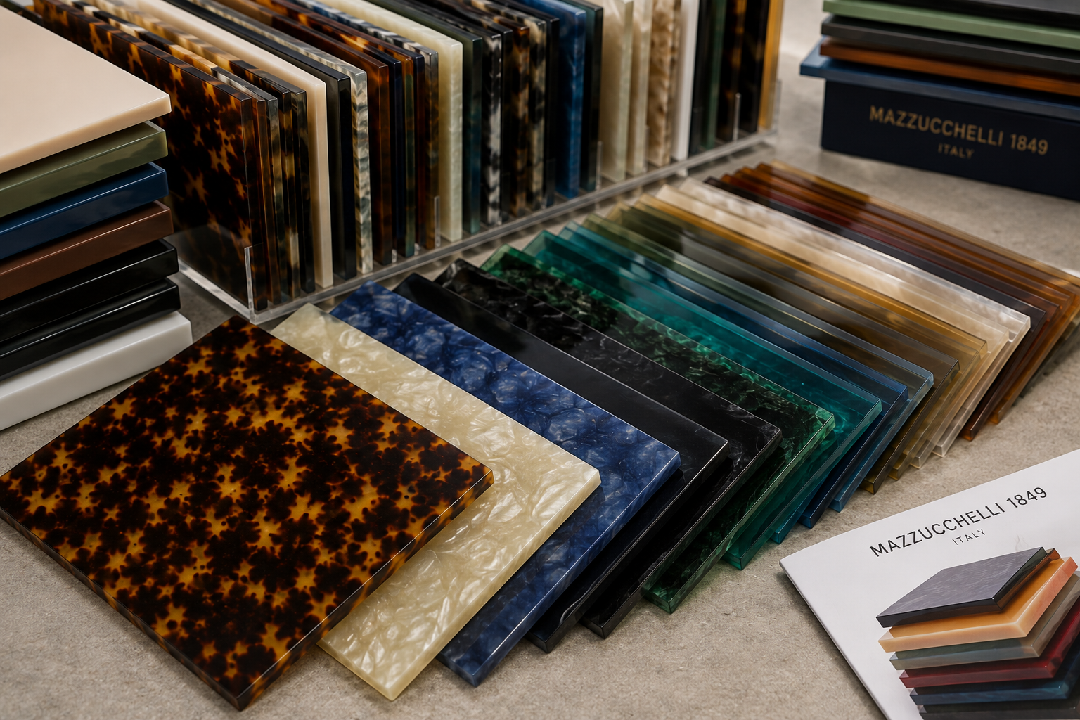 Mazzucchelli acetate sheets in tortoiseshell, transparent, pearl, blue, green and solid color patterns