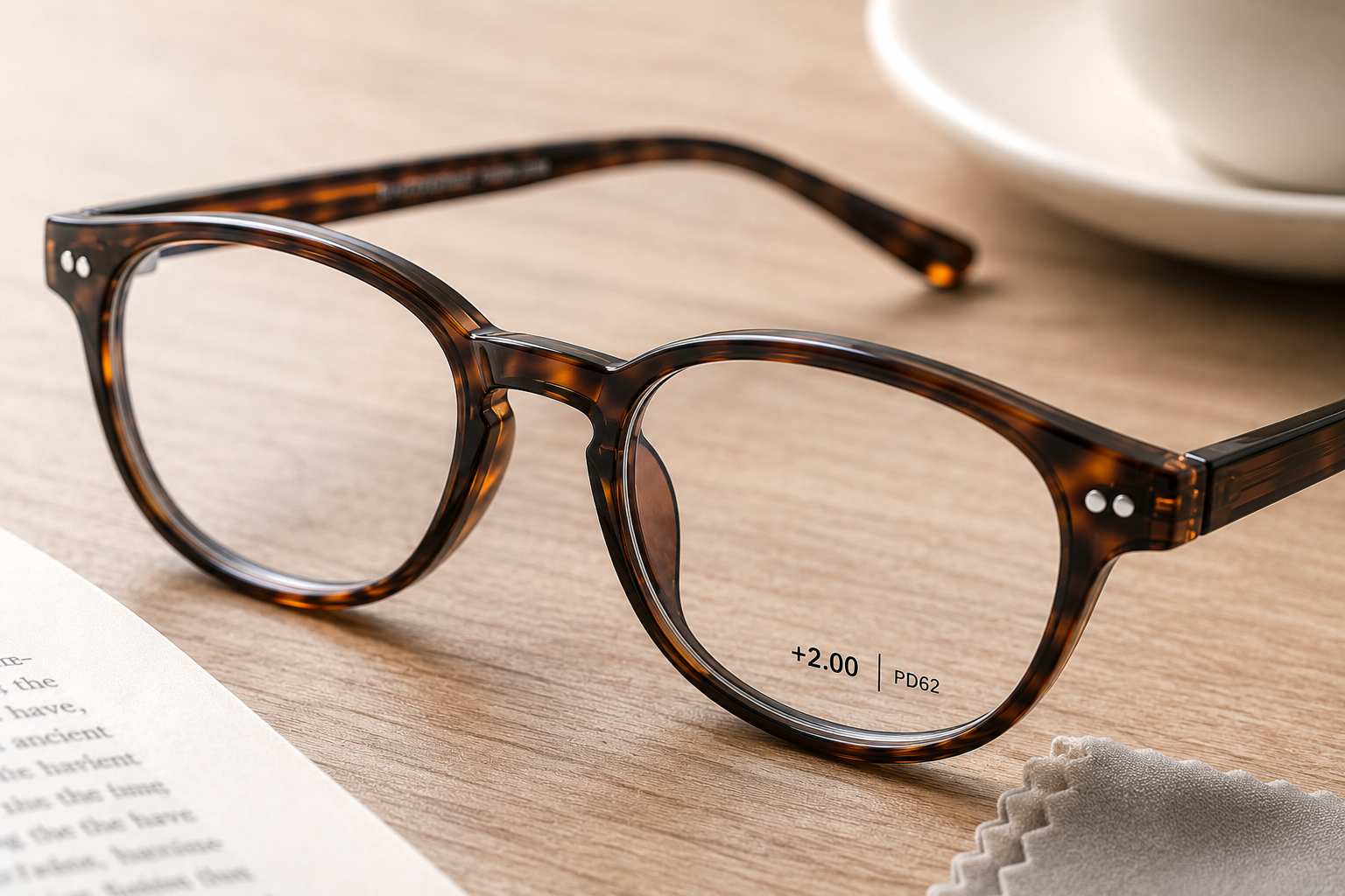Close-up of tortoise reading glasses with reading power marking