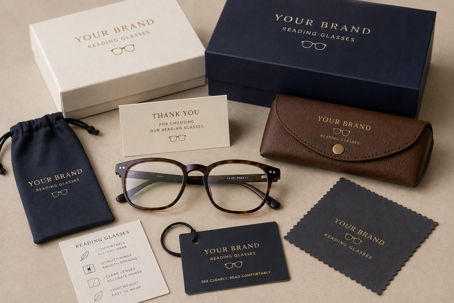 Private label reading glasses with custom packaging case pouch and branding