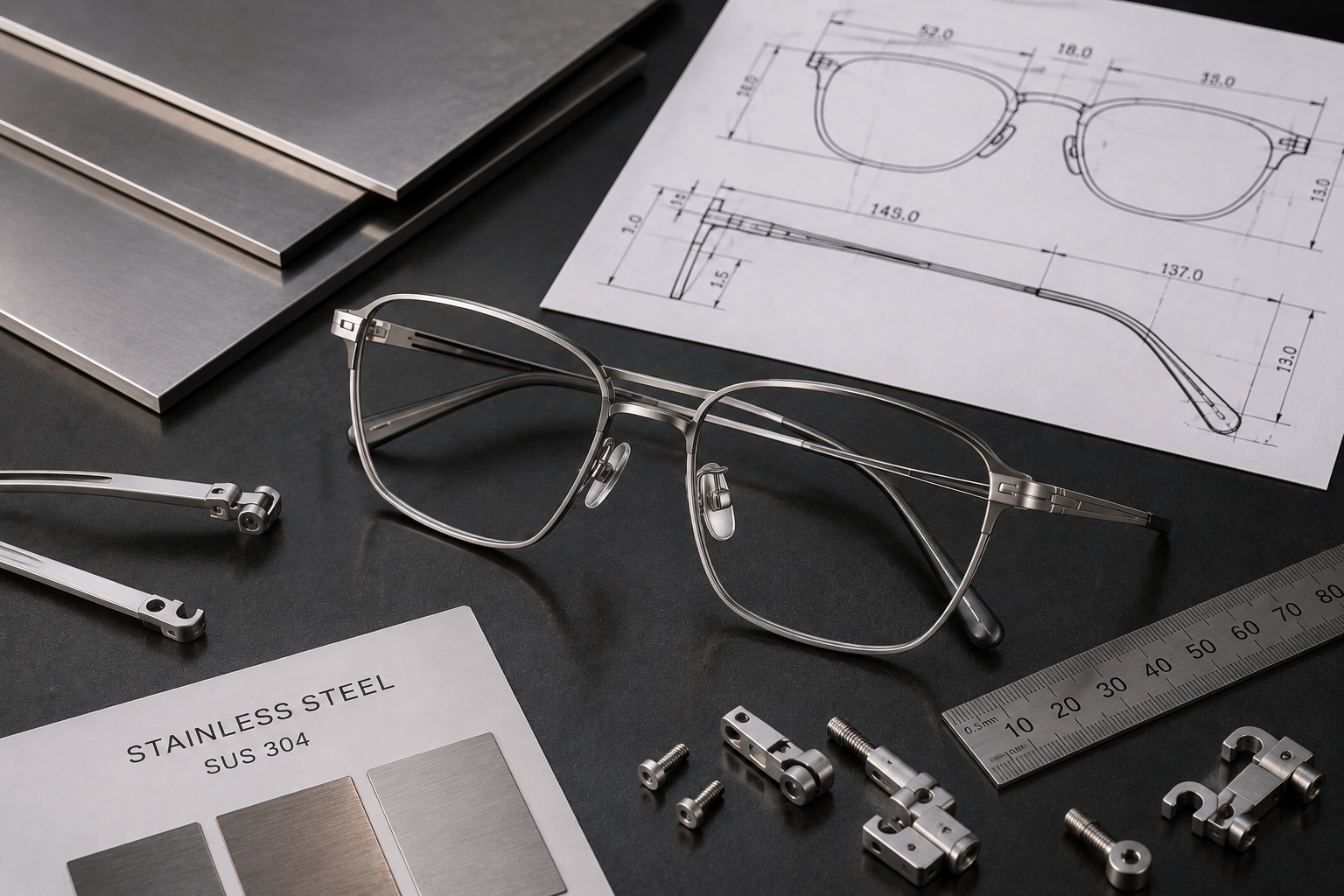 Stainless steel eyewear frame detail with technical drawing and frame components