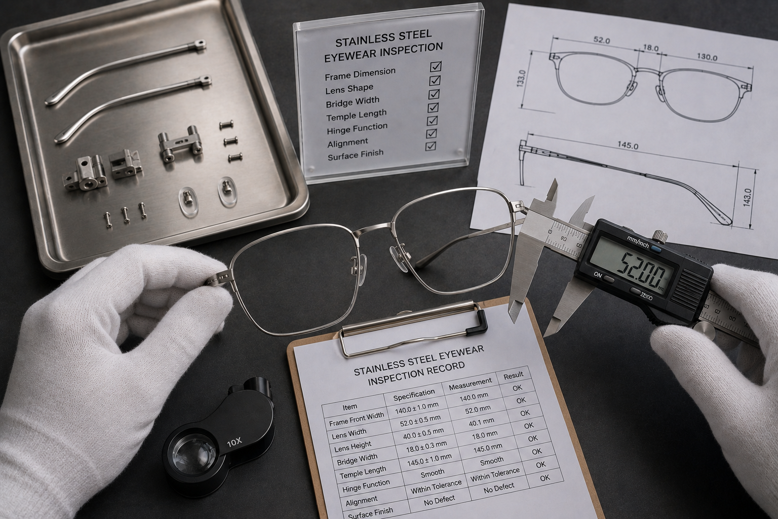 Stainless steel eyewear frame dimensional inspection and quality control