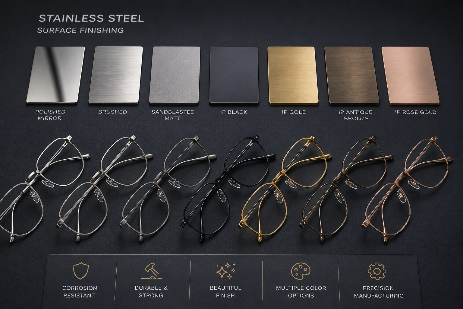 Stainless steel eyewear surface finishing and frame color directions