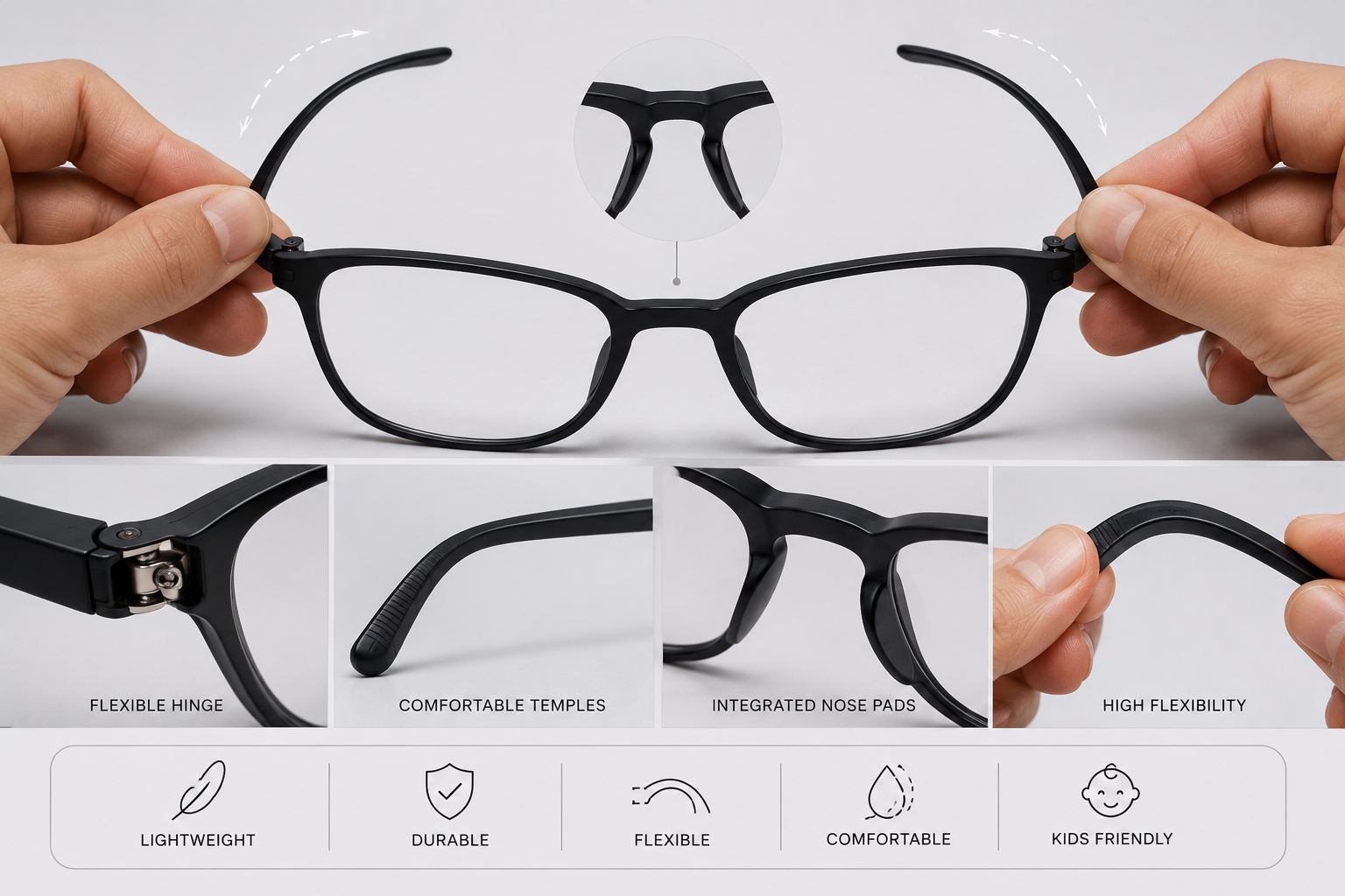TR90 eyewear frame flexibility, hinge, temple and nose pad detail