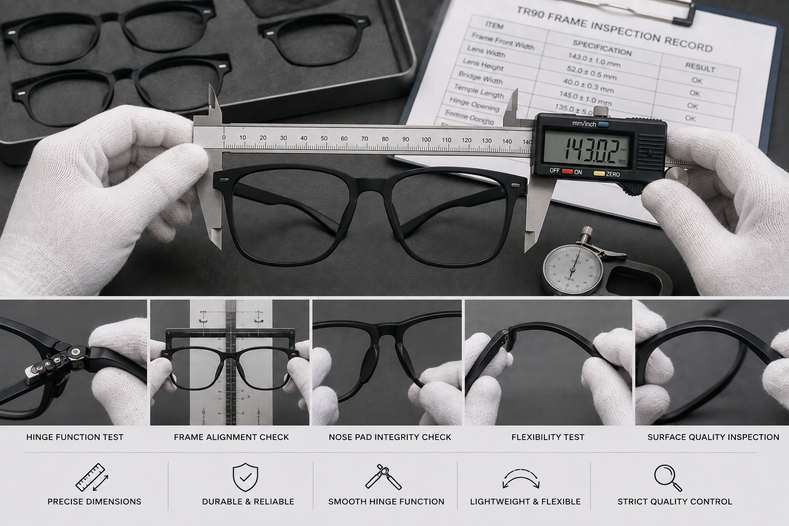 TR90 eyewear frame dimensional, hinge and flexibility inspection